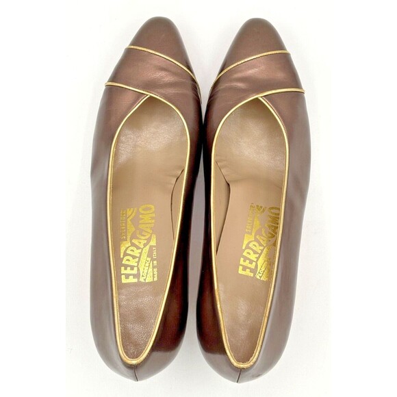Salvatore Ferragamo‎ Women’s Leather Pumps Sz 8B Bronze w Gold Trim DD10681 EUC - Picture 16 of 16